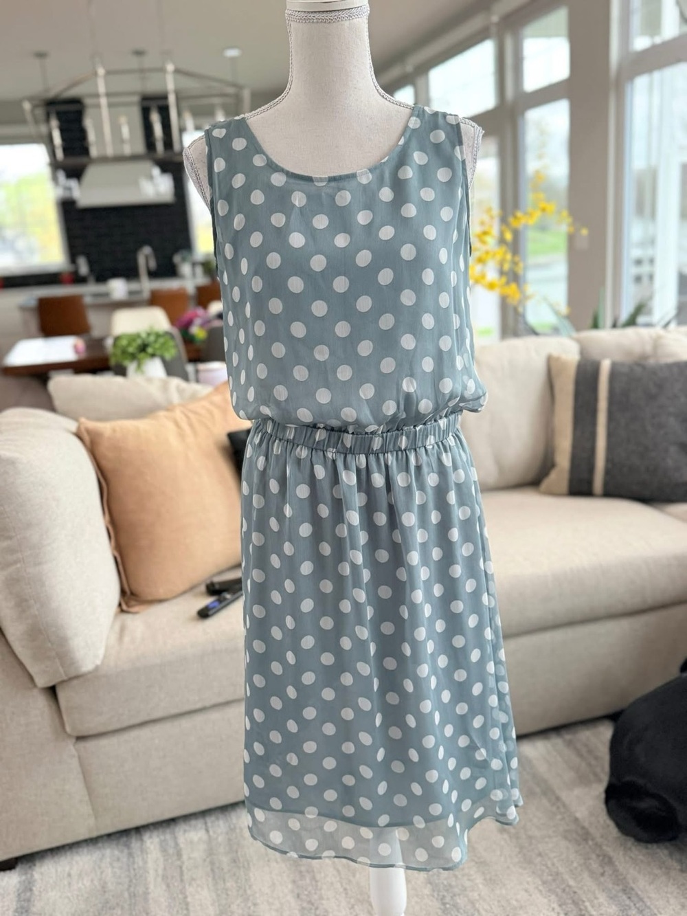 The Limited Dusty Blue Polka Dot Sleeveless Dress